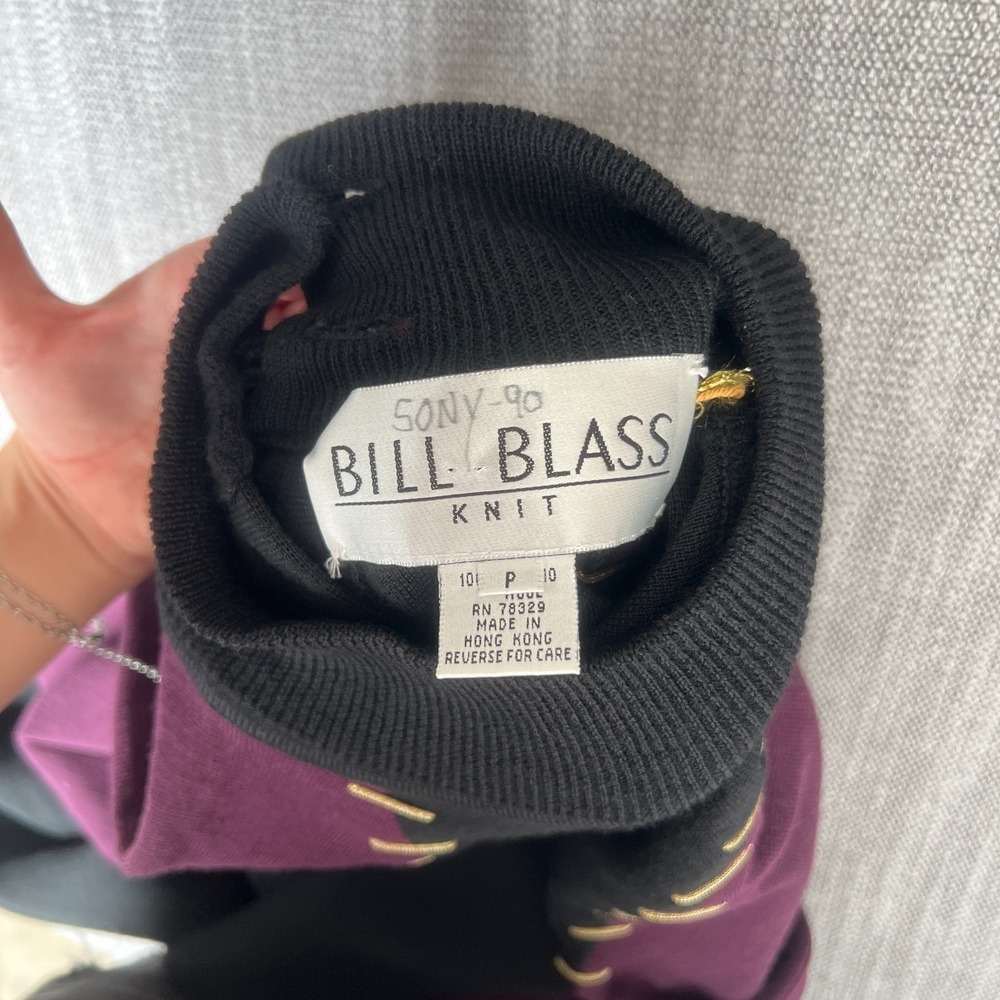 Vintage Bill Blass Sweater Dress Womens 10 P Black Purple Wool Knit Button Front - Picture 8 of 10